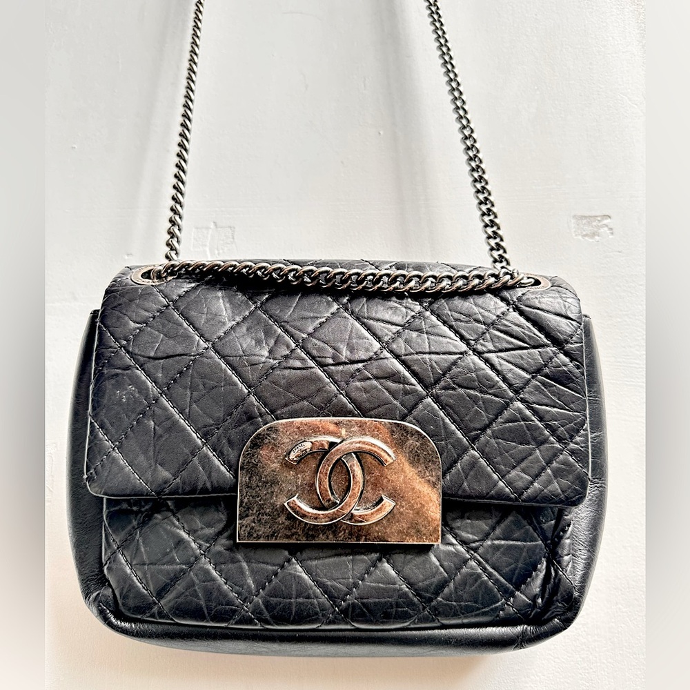 CHANEL Black Quilted Distressed Aged Silver Hardware